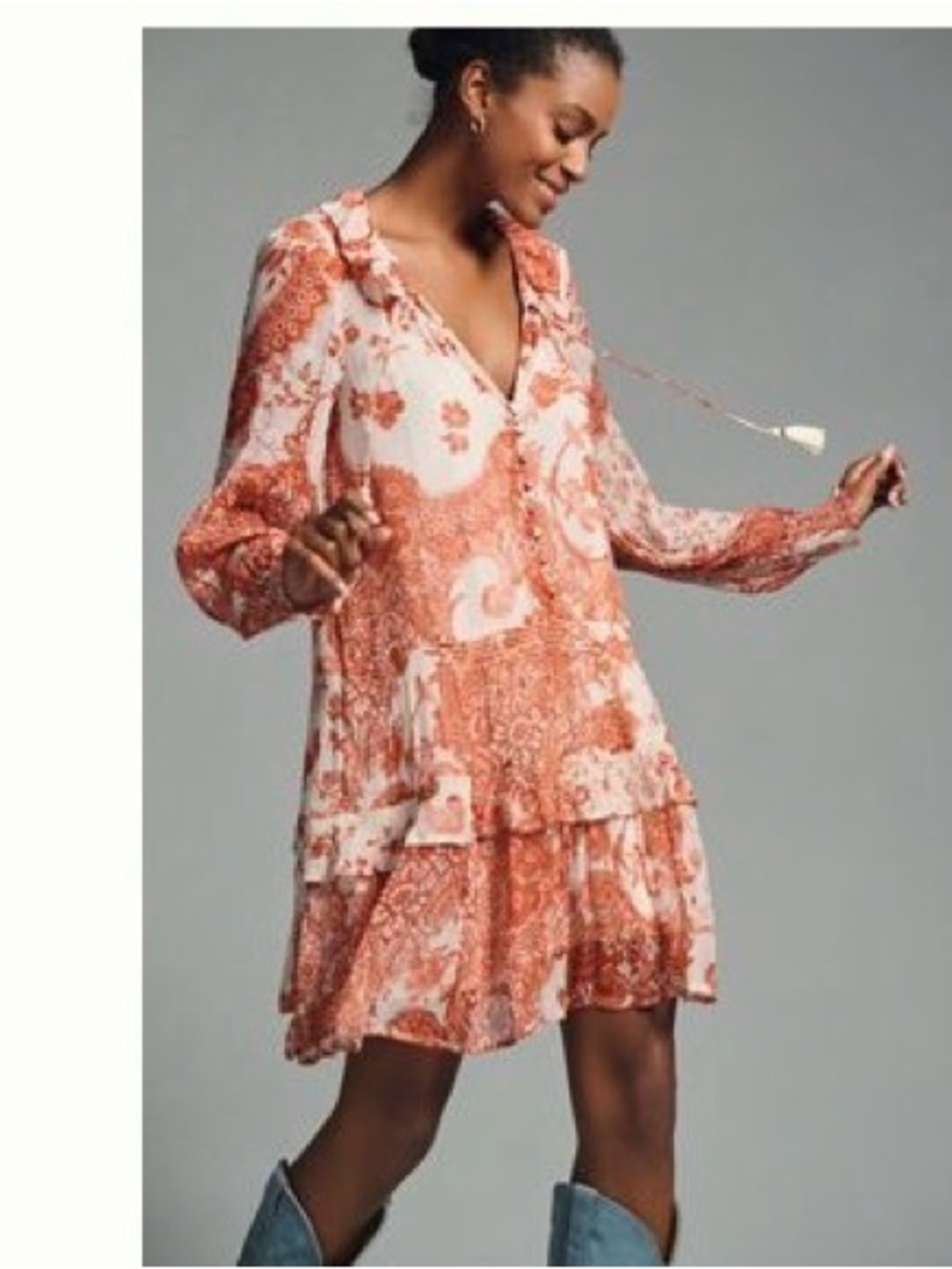 Anthropologie Rust and Cream Floral Tiered Long-Sleeve Dress